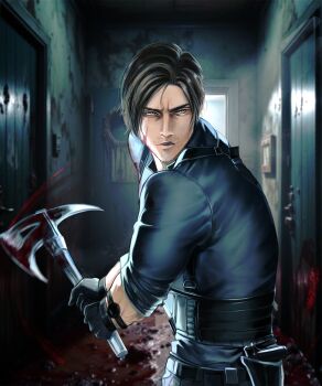 1boy absurdres axe beard_stubble belt black_belt black_gloves black_hair black_pants blood blood_on_axe blood_on_clothes blood_on_face blue_eyes blue_shirt commentary cowboy_shot facial_hair game_screenshot_background gloves half-closed_eyes henoopd highres holding holding_axe holster indoors leon_s._kennedy lips looking_at_viewer male_focus motion_lines multiple_belts nose pants parted_lips resident_evil resident_evil_requiem screenshot_background shirt short_hair solo stubble watch wristwatch