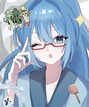 Rule 34 | 1girl, blue eyes, blue hair, blue kimono, candy apple, food, fubukihime, glasses, highres, japanese clothes, kimono, konbu-san, kuru2y, long hair, looking at viewer, mekabu-chan, open mouth, red-framed eyewear, solo focus, sparkle, wakame-kun, youkai (youkai watch), youkai watch