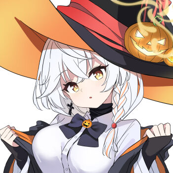 1girl :o adapted_costume black_hat black_jacket blue_archive blush braid breasts collared_shirt commentary cross cross_earrings crossed_bangs earrings eri_(blue_archive) grey_hair hair_between_eyes hair_bobbles hair_ornament halloween halloween_costume halo hands_up hat head_tilt highres jack-o&#039;-lantern jack-o&#039;-lantern_hat_ornament jack-o&#039;-lantern_ornament jacket jewelry large_breasts long_hair looking_at_viewer multicolored_hair open_clothes open_jacket open_mouth orange_hair orange_hat rururiiro school_uniform shirt simple_background single_braid single_earring sleeves_past_wrists solo streaked_hair turtleneck upper_body white_background white_shirt witch_hat yellow_eyes yellow_halo yellow_pupils