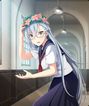 1girl arch blue_hair blue_sailor_collar blue_skirt braid breasts ceiling_light cosplay cowboy_shot day flower_wreath game_cg glasses half_up_braid hallway hand_on_headwear hand_up head_wreath indoors kitora_mirja large_breasts leaning_forward long_hair looking_at_viewer neckerchief official_art open_mouth purple-framed_eyewear red_neckerchief sailor_collar sakugawa_school_uniform school_uniform serafuku shirt short_sleeves skirt small_sweatdrop solo surprised third-party_source toaru_kagaku_no_railgun toaru_majutsu_no_index toji_no_miko toji_no_miko:_kizamishi_issen_no_tomoshibi uiharu_kazari uiharu_kazari_(cosplay) very_long_hair white_shirt window yellow_eyes