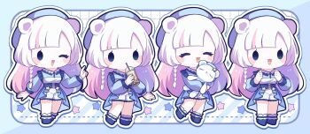 1girl :3 :d ;d ^_^ animal_ears bear_ears bear_girl blue_background blue_border blue_dress blue_eyes blue_hat blue_shoes blunt_bangs blush_stickers border bubble_tea chibi chibi_only closed_eyes closed_mouth commentary commission cup disposable_cup dress drinking drinking_straw full_body grid_background hat highres holding holding_cup holding_stuffed_toy indie_virtual_youtuber long_hair long_sleeves multicolored_hair multiple_views nada_namie non_(vtuber) one_eye_closed open_mouth outside_border pink_hair shoes shorts skeb_commission smile solid_oval_eyes standing streaked_hair striped_background stuffed_animal stuffed_toy teddy_bear virtual_youtuber white_background white_shorts
