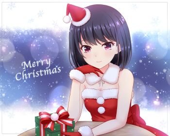 1girl absurdres alternative_girls bare_arms black_hair breasts christmas cleavage closed_mouth dress gift gloves hat highres looking_at_viewer medium_hair official_art onitsuka_chiho red_dress red_eyes red_gloves santa_costume santa_dress santa_hat smile solo table