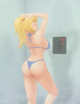 1girl ass bikini blonde_hair blue_bikini breasts butt_crack closed_eyes female_focus hair_ornament highres large_breasts metroid nintendo ponytail saf-404 samus_aran shower showering solo swimsuit switch underboob washing_hair