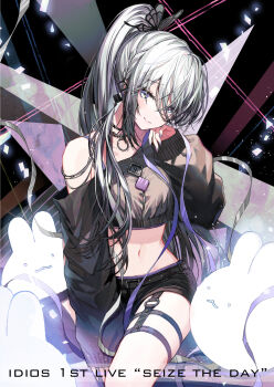 1girl bare_shoulders black_choker butterfly_hair_ornament choker crop_top grey_eyes grey_hair hair_ornament highres long_hair long_sleeves looking_at_viewer midriff mole mole_under_eye mole_under_mouth nijisanji ponytail purple_nails short_shorts shorts sitting sleeves_past_wrists smile solo sophia_valentine thigh_strap virtual_youtuber yadapot