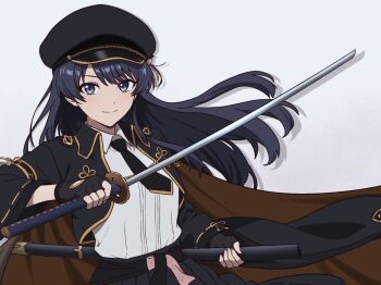 &gt;:) 1girl black_gloves black_hat black_jacket black_necktie black_skirt blue_eyes blue_hair closed_mouth collared_shirt commentary_request drop_shadow fingerless_gloves garand_flash_(love_live!) gloves hat highres holding holding_sheath holding_sword holding_weapon jacket katana link!_like!_love_live! long_hair long_sleeves looking_at_viewer love_live! maro_(yuhomaro) murano_sayaka necktie official_alternate_costume open_clothes open_jacket sheath shirt short_necktie simple_background skirt smile solo split_mouth sword v-shaped_eyebrows virtual_youtuber weapon white_background white_shirt