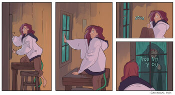 1boy 1girl bench black_hoodie brown_pants commentary dated english_commentary from_inside greekceltic herman_(greekceltic) highres hood hoodie indoors jacky_(greekceltic) medium_hair orange_hair original pants rain signature table tail white_hoodie window wooden_bench wooden_table