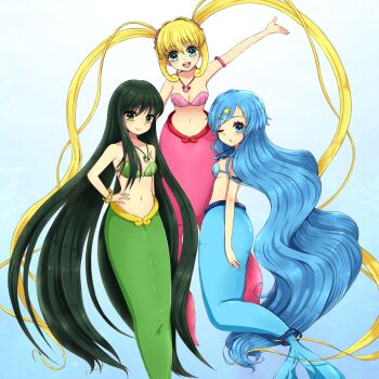 3girls aqua_eyes arm_up armlet bikini blonde_hair blue_bikini blue_eyes blue_hair bracelet breasts cleavage closed_mouth green_bikini green_eyes hair_between_eyes hair_ornament hand_on_own_hip highres houshou_hanon houshou_hanon_(mermaid) jewelry long_hair looking_at_viewer looking_back medium_breasts mermaid mermaid_melody_pichi_pichi_pitch monster_girl multiple_girls nanami_lucia nanami_lucia_(mermaid) navel necklace one_eye_closed open_mouth ortensia_ix pink_bikini shell shell_bikini shell_necklace sideboob smile star_(symbol) star_hair_ornament stomach swimsuit touin_rina touin_rina_(mermaid) twintails very_long_hair