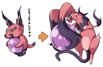 arrow_(symbol) claws commentary english_commentary evolution fakemon full_body highres nintendo no_humans oninuer orange_fur orb original pokemon pokemon_(creature) simple_background very_long_ears white_background