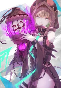1boy chain closed_mouth collar commentary_request cuffs green_eyes gretel_(sinoalice) highres hood hood_up jack-o&#039;-lantern lantern looking_at_viewer shackles sinoalice solo thighs tm_(pixiv45602758) trap wide_sleeves