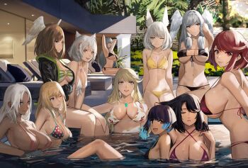 6+girls :d ahoge arm_up arms_up beach_chair bikini black_bikini black_hair blonde_hair blue_eyes blush breasts breasts_apart brown_eyes brown_hair chair chest_jewel cleavage closed_mouth dark-skinned_female dark_skin dual_persona elma_(xenoblade_x) ethel_(xenoblade) eunie_(xenoblade) facial_mark female_focus fiery_hair fiora_(xenoblade) grey_hair head_wings highres huge_breasts j@ck large_breasts leaf_print long_hair looking_at_viewer lounge_chair matching_hair/eyes medium_breasts medium_hair melia_antiqua mio_(xenoblade) multiple_girls mythra_(xenoblade) navel nia_(xenoblade) one_eye_closed open_mouth outdoors paid_reward_available parted_lips polka_dot polka_dot_bikini pool poolside purple_bikini pyra_(xenoblade) red_bikini red_eyes red_hair sena_(xenoblade) sharla_(xenoblade) short_hair sideboob sitting skindentation small_breasts smile stomach strap_gap swimsuit thighs underboob water white_bikini white_hair wings xenoblade_chronicles_(series) xenoblade_chronicles_1 xenoblade_chronicles_2 xenoblade_chronicles_3 xenoblade_chronicles_x yellow_bikini yellow_eyes