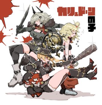 2others 3girls absurdres animal armor bare_shoulders baseball_bat black_boots black_helmet black_horns black_shorts black_tube_top blonde_hair blood blood_splatter blush boar boots breastplate breasts caesar_king_(zenless_zone_zero) closed_eyes combat_helmet commentary_request crop_top from_side fur-trimmed_jacket fur-trimmed_shorts fur_trim gloves goggles goggles_around_neck green_hair hair_between_eyes hair_ornament hair_over_one_eye hairclip hairpin half_gloves helmet highres holding holding_baseball_bat holding_shield holding_sword holding_weapon horns jacket large_breasts leg_up long_hair luciana_de_montefio lucy&#039;s_crew_(zenless_zone_zero) mask mask_around_neck metal_baseball_bat micro_shorts midriff multiple_girls multiple_others navel open_mouth orange_pants pants pickelhaube piper_wheel prosthesis prosthetic_arm red_eyes respirator shield shorts side_ponytail sleeping sparkle stomach strapless sword taipe_pepe teeth tube_top weapon white_background white_boots yellow_gloves zenless_zone_zero