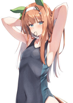 1girl absurdres animal_ears armpits arms_behind_head black_one-piece_swimsuit blue_eyes collarbone covered_navel cowboy_shot ear_covers ear_ornament flat_chest hair_ornament hair_tie_in_mouth hairband highres horse_ears horse_girl horse_tail long_hair looking_at_viewer mouth_hold one-piece_swimsuit pandoa_(mikage0495) silence_suzuka_(umamusume) simple_background solo swimsuit tail tying_hair umamusume white_background white_hairband