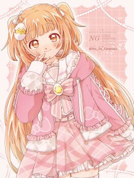 1girl belt blush border bow bowtie closed_mouth cowboy_shot drawstring dutch_angle egg_hair_ornament food-themed_hair_ornament frilled_jacket frilled_sailor_collar frills gem grid_background hair_ornament hair_ribbon hand_to_own_mouth highres hood hooded_jacket inu_to_tanpopo jacket kirara_tamako kirara_tamako_(2nd_costume) long_hair long_sleeves looking_at_viewer nijisanji open_clothes open_jacket orange_eyes orange_hair outline petticoat pink_background pink_belt pink_bow pink_bowtie pink_jacket pink_skirt plaid_clothes plaid_skirt pleated_skirt puffy_long_sleeves puffy_sleeves ribbon sailor_collar shirt skirt sleeves_past_wrists smile solo standing striped_bow striped_bowtie striped_clothes thighhighs twitter_username two-sided_fabric two-sided_jacket two_side_up upturned_eyes variant_set virtual_youtuber watermark white_border white_outline white_ribbon white_sailor_collar white_shirt white_thighhighs yellow_gemstone