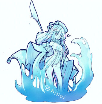 Rule 34 | 1girl, aged down, beret, capelet, commentary request, full body, groin, hat, hisui (syarute), holding, holding paddle, leotard, liquid hair, long hair, looking at viewer, open mouth, original, paddle, pointy ears, simple background, smile, solo, undine, white background