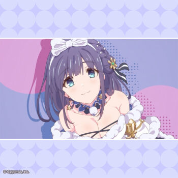 1girl :3 album_cover anime_coloring blue_eyes breasts cleavage coat collarbone company_name copyright_notice cover cygames dot_nose english_text fur-trimmed_jacket fur_trim hair_bun hair_ornament hair_ribbon hairband highres jacket jewelry large_breasts logo looking_at_viewer medium_hair misora_(christmas)_(princess_connect!) misora_(princess_connect!) necklace official_art princess_connect! purple_background purple_hair ribbon sleeveless snowflake_hair_ornament snowflakes solo star_(symbol) upper_body white_coat white_hairband