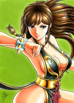1girl alternate_hair_length alternate_hairstyle backless_dress backless_outfit black_dress bracelet braid breasts brown_eyes brown_hair capcom china_dress chinese_clothes chun-li cleavage cowboy_shot curvy dress female_focus fighting_stance floating_hair green_background hair_down jewelry long_hair looking_at_viewer marco_albiero medium_breasts no_bra official_alternate_costume pelvic_curtain sash shiny_skin side_braid signature simple_background solo spiked_bracelet spikes standing street_fighter street_fighter_v twin_braids upper_body