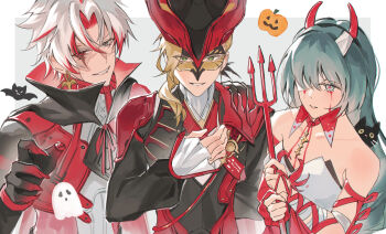 1girl 2boys absurdres adapted_costume bandage_over_one_eye bandaged_arm bandages bare_shoulders blood bloody_tears border breasts burn_scar commentary cristoforo_(wuthering_waves) cross cross_earrings earrings english_commentary fake_horns fingernails green_eyes grey_eyes grey_hair grin hairband halloween halloween_costume hand_on_own_chest hat heterochromia highres holding holding_polearm holding_weapon horn_hairband horns jewelry long_fingernails long_hair looking_at_viewer mask masquerade_mask medium_breasts multicolored_hair multiple_boys parted_lips phrolova_(wuthering_waves) polearm popped_collar red_eyes red_hair red_nails reika_(reikadraws) scar scar_(wuthering_waves) scar_across_eye scar_on_face sharp_fingernails smile tricorne trident two-tone_hair weapon white_border white_hair wuthering_waves