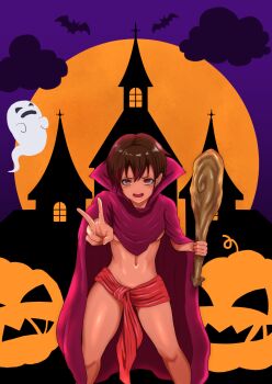 1girl blush breasts brown_hair cape chinatsu_(uriens) club_(weapon) collared_cape cowboy_shot embarrassed ghost halloween highres holding holding_club holding_weapon jack-o&#039;-lantern medium_breasts moon navel night night_sky open_mouth orange_eyes original pumpkin red_loincloth short_hair sky smile underboob uriens v weapon