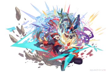 1girl 4boys absurdres android aqua_eyes arm_cannon energy_sword blonde_hair blue_eyes bodysuit copy_x_(mega_man) dated fairy_leviathan_(mega_man) fighting fighting_fefnir_(mega_man) gloves green_eyes helmet hidden_phantom_(mega_man) highres holding holding_weapon long_hair mega_man_(series) mega_man_zero_(series) mega_man_zero_1 multiple_boys open_mouth purple_eyes red_eyes robot sage_harpuia_(mega_man) shuriken signature simple_background sword tanziya_(codlxcold) weapon white_background white_gloves wings zero(z)_(mega_man) zero_(mega_man)