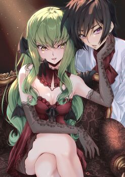 1boy 1girl :d absurdres alternate_costume animal_ears armchair bare_shoulders bat_ears bat_wings black_gloves black_hair breasts budgiepon c.c. chair cleavage code_geass commentary crossed_legs detached_collar dress elbow_gloves fangs feet_out_of_frame fine_fabric_emphasis gloves green_hair hair_between_eyes halloween_costume hand_on_another's_neck highres lace lace-trimmed_gloves lace_trim lelouch_vi_britannia long_hair looking_at_viewer medium_breasts on_chair open_mouth purple_eyes red_dress red_nails short_hair sidelocks sitting smile strapless strapless_dress teeth upper_teeth_only v-shaped_eyebrows vampire_costume very_long_hair wavy_hair wings yellow_eyes