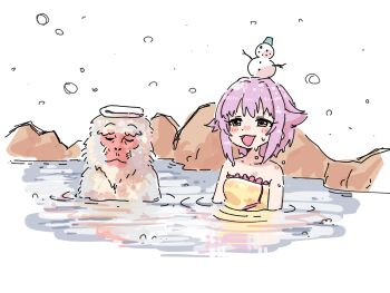 1girl :3 absurdres bare_shoulders blush_stickers commentary_request dripping eyelashes hair_flaps half-closed_eyes highres idolmaster idolmaster_cinderella_girls japanese_macaque koshimizu_sachiko light_purple_hair monkey naked_towel nendo23 onsen open_mouth orange_eyes partially_submerged reflection reflective_liquid ripples rock short_hair simple_background smile snowing snowman snowman_on_head solo towel towel_on_head water wet white_background
