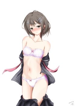 1girl artist_name bare_shoulders black_shirt black_skirt blush bow bow_bra bra breasts brown_eyes brown_hair closed_mouth clothes_pull commentary crotch_seam dated frilled_bra frilled_panties frills frown groin hair_ornament hairclip highres looking_at_viewer moricissist navel off_shoulder open_clothes open_shirt open_skirt original panties shirt short_hair signature simple_background skirt skirt_pull small_breasts solo standing strapless strapless_bra underwear undressing white_background white_bra white_panties