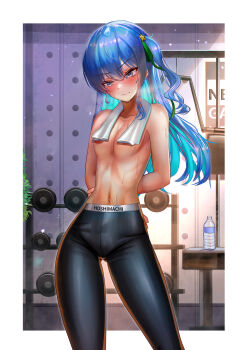 1girl absurdres areola_slip armpits arms_behind_back blue_hair blush bottle breasts breath cleavage closed_mouth collarbone commentary convenient_censoring earrings exercise_machine green_ribbon grey_eyes gym hair_ornament hair_ribbon highres hololive hoshimachi_suisei indoors jagoo jewelry large_variant_set looking_away multicolored_hair navel pants plant ribbon small_breasts sportswear standing star_(symbol) star_hair_ornament stomach sweat topless_female towel towel_around_neck towel_over_breasts two-tone_hair underboob variant_set virtual_youtuber water_bottle weights