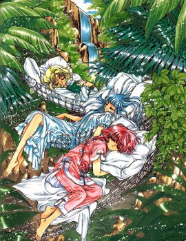 1990s_(style) 3girls barefoot blonde_hair blue_hair book clamp closed_eyes feet full_body glasses hammock hououji_fuu leaf long_hair magic_knight_rayearth multiple_girls nature nightgown official_art outdoors pajamas red_hair retro_artstyle ryuuzaki_umi scan shidou_hikaru short_hair sky sleeping water waterfall