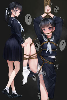 bdsm black_hair black_serafuku bondage bound breast_bondage breasts commentary_request crotch_rope crotch_seam crying crying_with_eyes_open frogtie full_body gag gagged grey_eyes highres loafers looking_at_viewer looking_to_the_side multiple_views murakami_suigun neckerchief original panties ponytail restrained ribbon rope_gag saliva school_uniform serafuku shibari shibari_over_clothes shoes skindentation small_breasts socks tears underwear white_neckerchief white_panties white_ribbon white_socks