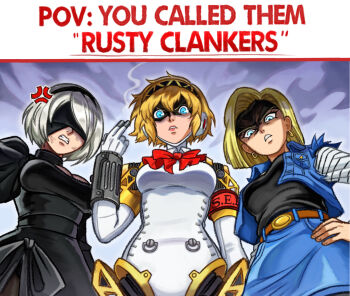 2b_(nier:automata) 3girls aigis_(persona) android_18 anger_vein angry armband belt black_dress black_hairband blindfold blue_eyes blue_jacket blue_skirt breasts brown_belt clanker_(meme) clenched_teeth commentary covered_eyes cropped_jacket crossover curtained_hair dragon_ball dragonball_z dress earrings english_commentary english_text from_below glaring hair_between_eyes hairband hand_on_own_hip hand_up highres hoop_earrings jacket jewelry long_sleeves looking_at_viewer medium_breasts meme multiple_crossover multiple_girls neggoartz nier:automata nier_(series) persona persona_3 puffy_sleeves red_armband s.e.e.s shaded_face skirt teeth trait_connection v-shaped_eyebrows