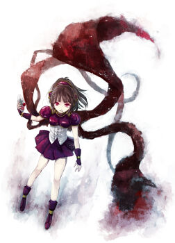 1girl armor armored_dress brown_hair cape doppelganger_arle dress evil_smile female_focus full_body glowing glowing_eyes madou_monogatari mask puyopuyo puyopuyo_n red_armor red_eyes shoes short_hair skirt smile solo white_background wrist_cuffs yakka