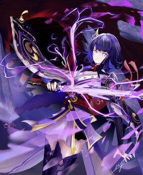 1girl arm_up artist_name back_bow blunt_bangs bow braid bridal_gauntlets commentary eclipse genshin_impact glowing glowing_eyes glowing_sword glowing_weapon hair_ornament head_tilt highres holding holding_sword holding_weapon japanese_clothes katana leaning_back lingerie long_braid long_hair looking_at_viewer mitsudomoe_(shape) mole mole_under_eye moon musou_isshin_(genshin_impact) nageia_02 purple_background purple_eyes purple_hair purple_thighhighs raiden_shogun red_sash sash shadow signature single_braid solo sword thighhighs tomoe_(symbol) underwear weapon wide_sleeves