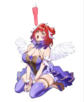 1girl breasts cleavage colored_tips dildo double_bun dress elle_(vtuber) falling_object feathered_wings gold_thighlet gold_tiara green_eyes hair_bun head_wings heart-shaped_gem high_heels highres indie_virtual_youtuber jewelry kneeling large_breasts motion_blur multicolored_hair open_mouth purple_dress purple_hair purple_nails purple_thighhighs red_hair sakichka sex_toy solo thighhighs thighlet tiara tongue tongue_out virtual_youtuber white_wings wings