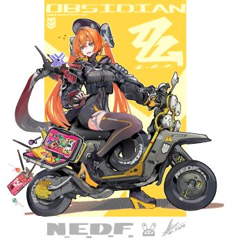 1girl absurdres afukuro ammunition ammunition_pouch anger_vein asymmetrical_gloves black_hat black_horns black_shoes border box brown_thighhighs candy commentary copyright_name crossed_bangs curled_horns dress english_commentary english_text fingerless_gloves food from_side full_body gloves gun hair_between_eyes hat highres horns lollipop long_hair looking_at_another magus_(zenless_zone_zero) mechanical_horns mechanical_tail mismatched_gloves motor_vehicle motorcycle on_motorcycle open_mouth orange_hair orange_pupils orphie_magnusson pointy_ears pouch shoes single_fingerless_glove tail thighhighs weapon white_border yellow_background yellow_gloves zenless_zone_zero zipper_dress