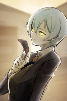 1girl absurdres angela_(project_moon) ascot black_ascot black_suit blue_coat blue_hair brooch coat collared_shirt commentary formal_clothes from_side gem gloves glowing glowing_eyes hair_between_eyes hair_intakes helseujang highres holding holding_paper jewelry lapels library_of_ruina long_coat looking_at_viewer notched_lapels paper project_moon shirt short_hair solo suit white_gloves white_shirt yellow_eyes yellow_gem