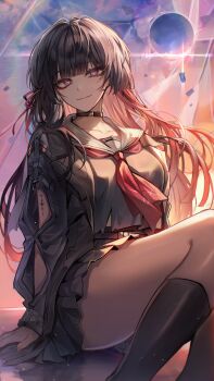 1girl absurdres arm_cutout black_choker black_hair black_skirt breasts chisa_(wuthering_waves) choker closed_mouth clothing_cutout collarbone commentary feet_out_of_frame fingernails hair_ribbon highres long_hair long_sleeves looking_at_viewer medium_breasts neckerchief ninshi red_eyes red_neckerchief red_ribbon ribbon sailor_collar sitting skirt smile solo tacet_mark_(wuthering_waves) thighs white_sailor_collar wuthering_waves