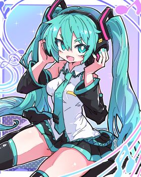 1girl :d absurdres aqua_eyes aqua_hair aqua_nails aqua_necktie aqua_trim bare_shoulders beamed_sixteenth_notes black_skirt black_sleeves blush breasts collared_shirt commentary cowboy_shot detached_sleeves eighth_note elenagr english_commentary frilled_shirt frills hair_between_eyes hair_ornament hands_up hatsune_miku headphones highres holding holding_headphones long_hair long_sleeves looking_at_viewer medium_breasts miniskirt musical_note musical_staff nail_polish necktie open_mouth pleated_skirt shirt short_eyebrows sidelocks sitting skirt sleeveless sleeveless_shirt smile solo thighhighs tie_clip treble_clef twintails untucked_shirt very_long_hair vocaloid white_shirt wide_sleeves zettai_ryouiki