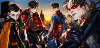 4boys aiming aiming_at_viewer back batman_(series) black_bodysuit black_cape black_gloves black_hair black_jacket black_shirt blue_bodysuit blue_eyes bodysuit brothers cape cigarette closed_mouth damian_wayne dc_comics dick_grayson domino_mask eye_mask facepaint g0ringo gloves green_eyes green_gloves gun holding holding_gun holding_sheath holding_sword holding_weapon hood hood_down hooded_cape jacket jason_todd looking_at_viewer looking_back male_focus mask multicolored_hair multiple_boys nightwing open_clothes open_jacket outdoors red_bodysuit red_hood_(dc) red_robin robin_(dc) sheath shirt short_hair siblings sunset sword tim_drake two-tone_hair unsheathing weapon white_hair yellow_cape