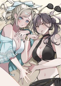 2girls bikini black_bikini black_hair blue_eyes blue_jacket blue_ribbon blush breasts ceras_yanagida_lilienfeld ceras_yanagida_lilienfeld_(swimsuit) cleavage cover_image edel_note embarrassed front-tie_bikini_top front-tie_top grey_hair hair_bun hair_ribbon highres jacket katsuragi_izumi katsuragi_izumi_(swimsuit) large_breasts lilac_(li_lac_3) link!_like!_love_live! long_hair looking_at_viewer love_live! multi-strapped_bikini_bottom multi-strapped_bikini_top multiple_girls o-ring o-ring_bikini o-ring_bottom o-ring_top open_mouth orange_eyes parted_lips ponytail raised_inner_eyebrows ribbon short-sleeved_jacket short_sleeves side-tie_bikini_bottom side_ponytail single_side_bun slit_pupils sunglasses swimsuit unworn_eyewear virtual_youtuber white_bikini