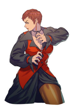 1girl breasts brown_eyes brown_hair cleavage dress earrings female_focus formal_clothes highres jewelry large_breasts lejeanx3 long_sleeves pantyhose rejean_dubois see-through_clothes short_hair shorts skirt smile standing suit the_king_of_fighters thighs vice_(kof)