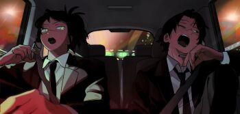 Rule 34 | 1boy, 1girl, black hair, black jacket, black necktie, chainsaw man, cigarette, collared shirt, driving, facial scar, formal clothes, highres, holding, holding cigarette, jacket, kurose yuutarou, looking at another, looking to the side, messy hair, necktie, one eye closed, open mouth, ponytail, scar, scar on cheek, scar on face, seatbelt, shirt, short hair, smoke, suit, suit jacket, ten ten 10 10, tendou michiko, white shirt, yawning, yellow eyes