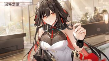 1girl aether_gazer architecture armpit_crease bare_shoulders black_shorts black_sleeves blurry blurry_background breasts brown_hair chinese_commentary cleavage colored_inner_hair commentary_request covered_navel cowboy_shot detached_sleeves dress east_asian_architecture hair_between_eyes hand_up highres large_breasts lingguang_(aether_gazer) long_hair looking_at_viewer multicolored_hair official_art official_wallpaper orange_eyes parted_lips red_hair see-through_clothes see-through_cleavage shorts sidelocks single_detached_sleeve single_sleeve solo very_long_hair white_dress white_sleeves wrist_guards