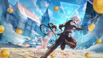 Rule 34 | 1boy, 1girl, :d, armor, artist request, back, backless dress, backless outfit, bell cranel, black hair, black pants, black shirt, blue eyes, blue ribbon, blue sky, blunt ends, boots, breasts, brown footwear, brown gloves, closed mouth, cloud, cloudy sky, coin, double-parted bangs, dress, dungeon ni deai wo motomeru no wa machigatteiru darou ka, dust, flip-flops, from behind, glint, gloves, gold coin, hair ornament, hestia (danmachi), highres, holding, holding hands, holding knife, house, knee boots, knee guards, knife, knives out, leg up, long hair, long sleeves, looking at viewer, looking back, official art, open mouth, outdoors, pants, pauldrons, pencil dress, red eyes, rei no himo, reverse grip, ribbon, running, sandals, second-party source, sheath, shirt, shoe soles, short dress, short hair, shoulder armor, sideboob, sky, smile, teeth, twintails, underbust, unsheathed, upper teeth only, vanishing point, very long hair, white dress, white footwear, white hair, wind