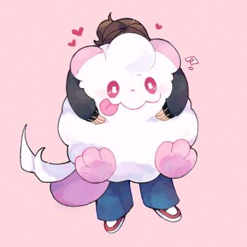 1girl bell-bottoms black_sleeves brown_hair fluffy gen_6_pokemon gu_gu12435 harmony_(pokemon) heart highres hug jacket long_sleeves nintendo pants pink_background pink_eyes pokemon pokemon_(creature) pokemon_focus pokemon_legends:_z-a red_eyes ribbed_socks shoes simple_background smile socks swirlix tongue tongue_out white_socks