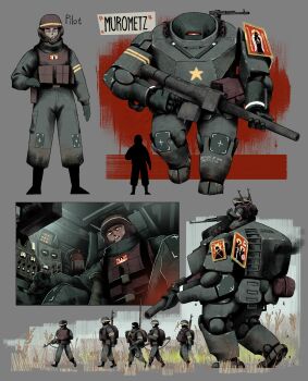 absurdres ammunition_pouch assault_rifle axe backpack bag balaclava bandage_on_face bandages binoculars cockpit coop_soggy english_text exhaust fire_extinguisher grass green_eyes gun helmet highres machine_gun male_focus mecha mecha_pilot_suit military_uniform monitor multiple_boys original pouch red_visor rifle robot saint size_difference smoke star_(symbol) sweat sweatdrop sword weapon