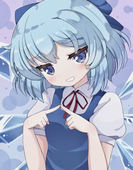 1girl absurdres bare_arms blue_bow blue_dress blue_eyes blue_hair blush bow circle cirno collared_shirt commentary dress fairy hair_bow highres ice ice_wings index_fingers_together looking_at_viewer multiple_wings nakobon neck_ribbon pinafore_dress puffy_short_sleeves puffy_sleeves red_ribbon ribbon shirt short_sleeves sleeveless sleeveless_dress smile solo sweatdrop touhou upper_body white_shirt wings
