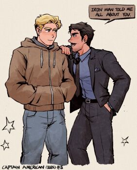 Rule 34 | 2025, 2boys, avengers (series), belt, black-framed eyewear, black belt, black hair, black jacket, black necktie, black pants, blonde hair, blue eyes, blue shirt, breast pocket, brown hoodie, closed mouth, collared shirt, cowboy shot, denim, english text, facial hair, flower, formal clothes, grey eyes, grey pants, hand in pocket, hand on another's shoulder, hand up, handkerchief, hands in pockets, highres, holding, holding removed eyewear, hood, hoodie, jacket, lapels, long sleeves, looking at another, male focus, marvel, multiple boys, necktie, open clothes, open jacket, pants, pocket, pocket square, puffy long sleeves, puffy sleeves, shirt, short hair, simple background, smile, speech bubble, standing, star (symbol), steve rogers, suit, suit jacket, sunflower, teeth, tony stark, unworn eyewear, watch, weibo 7899261198, white background, wristwatch