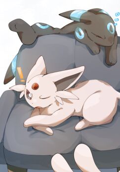 Rule 34 | 1other, alternate color, animal focus, closed eyes, closed mouth, colored sclera, couch, espeon, forehead jewel, forked tail, gem, gen 2 pokemon, hp7car7nxrq5s7q, looking at viewer, nintendo, no humans, one eye closed, open mouth, pokemon, pokemon (creature), pokemon focus, purple eyes, purple fur, purple sclera, red gem, shiny pokemon, sleeping, tail, umbreon