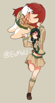 2girls :3 :q aroused_nosebleed black_hair blood braid brown_hair closed_eyes commentary emu_(eomou) grey_background hair_over_shoulder kantai_collection kitakami_(kancolle) kitakami_kai_ni_(kancolle) kneehighs leg_up lifting_person loafers long_hair long_sleeves multiple_girls neckerchief nosebleed ooi_(kancolle) ooi_kai_ni_(kancolle) pleated_skirt sailor_collar school_uniform serafuku shoes sidelocks simple_background single_braid skirt socks tongue tongue_out twitter_username u_u white_neckerchief yellow_sailor_collar