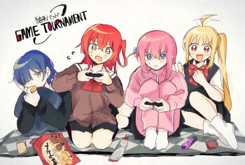 4girls :| ahoge bag black_skirt black_sweater black_sweater_vest blue_hair blunt_ends blush blush_stickers bocchi_the_rock! bow bowtie brown_shirt clenched_hand closed_mouth commentary_request concentrating controller cookie crossed_bangs cube_hair_ornament dot_nose double-parted_bangs eating elbow_rest english_text food fuji_1221 game_controller gotoh_hitori green_eyes hair_between_eyes hair_ornament hair_over_one_eye hair_wagging hand_on_another's_shoulder hand_on_own_face hand_rest hands_up highres holding holding_controller holding_cookie holding_food holding_game_controller hugging_object ijichi_nijika jacket kessoku_band kita_ikuyo long_bangs long_hair long_sleeves lying mole mole_under_eye multiple_girls no_shoes on_floor on_side one_eye_covered one_side_up open_mouth pants pants_under_skirt parted_bangs pillow pink_jacket pink_pants pleated_skirt polka_dot polka_dot_bow polka_dot_bowtie purple_eyes red_bow red_bowtie red_eyes red_hair sailor_collar school_uniform seiza serafuku shimokitazawa_high_school_uniform shirt short_hair shuka_high_school_uniform side_ponytail sitting sketch skirt slice_of_life smile socks sweat sweatdrop sweater sweater_vest three-quarter_sleeves track_jacket track_pants v-shaped_eyebrows white_sailor_collar white_socks yamada_ryo